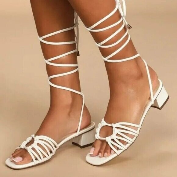 Lulu's Lace-up Strappy White Sandals Size 8.5 M Square Toe Low Block Heel - Picture 1 of 13